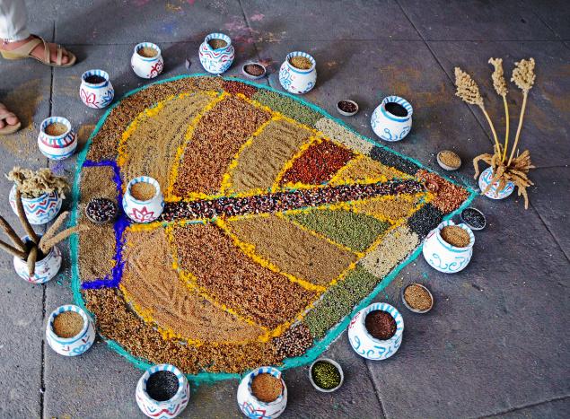 A rangoli designed with millets in Visakhapatnam.